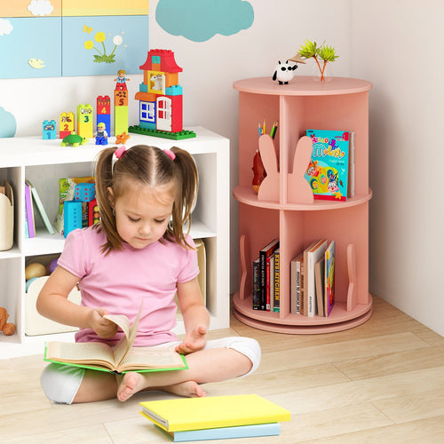2 Tier Freestanding Kids Rotating Bookshelf Storage Rack with Bunny Baffles
