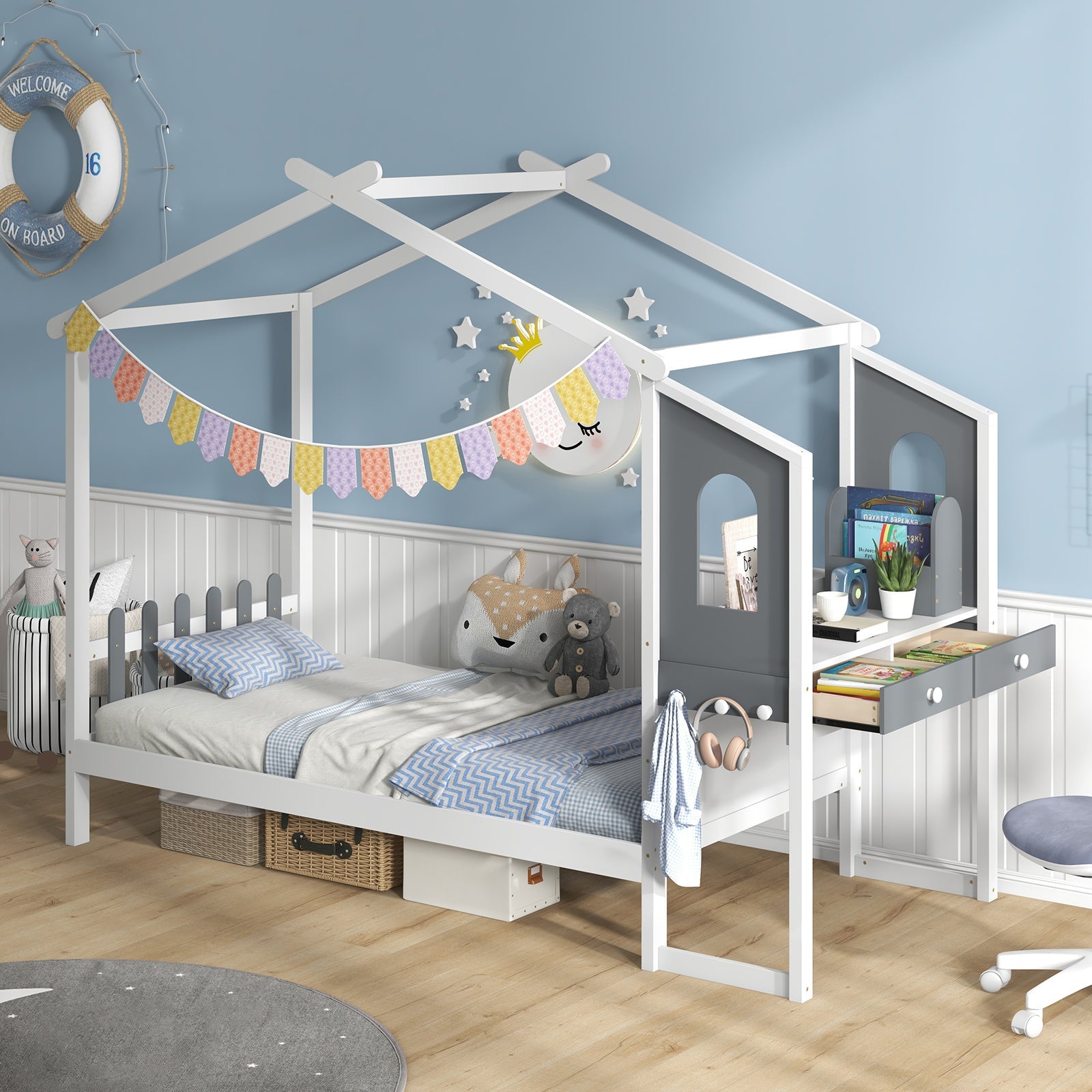 Twin/Full Bed Frame with House Roof Canopy and Fence for Kids