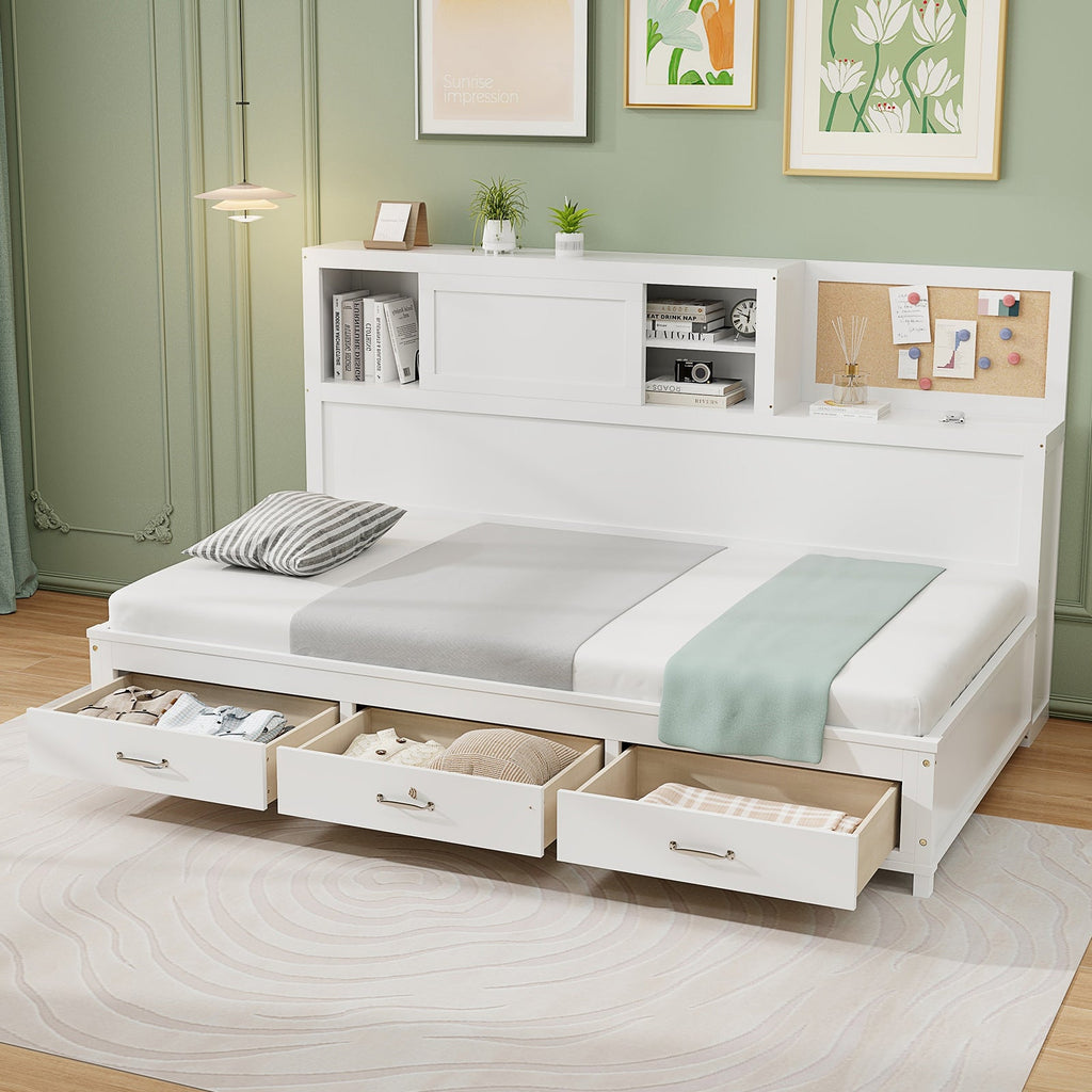 Twin/Full Size Wooden Daybed with 3 Drawers with Storage Shelves