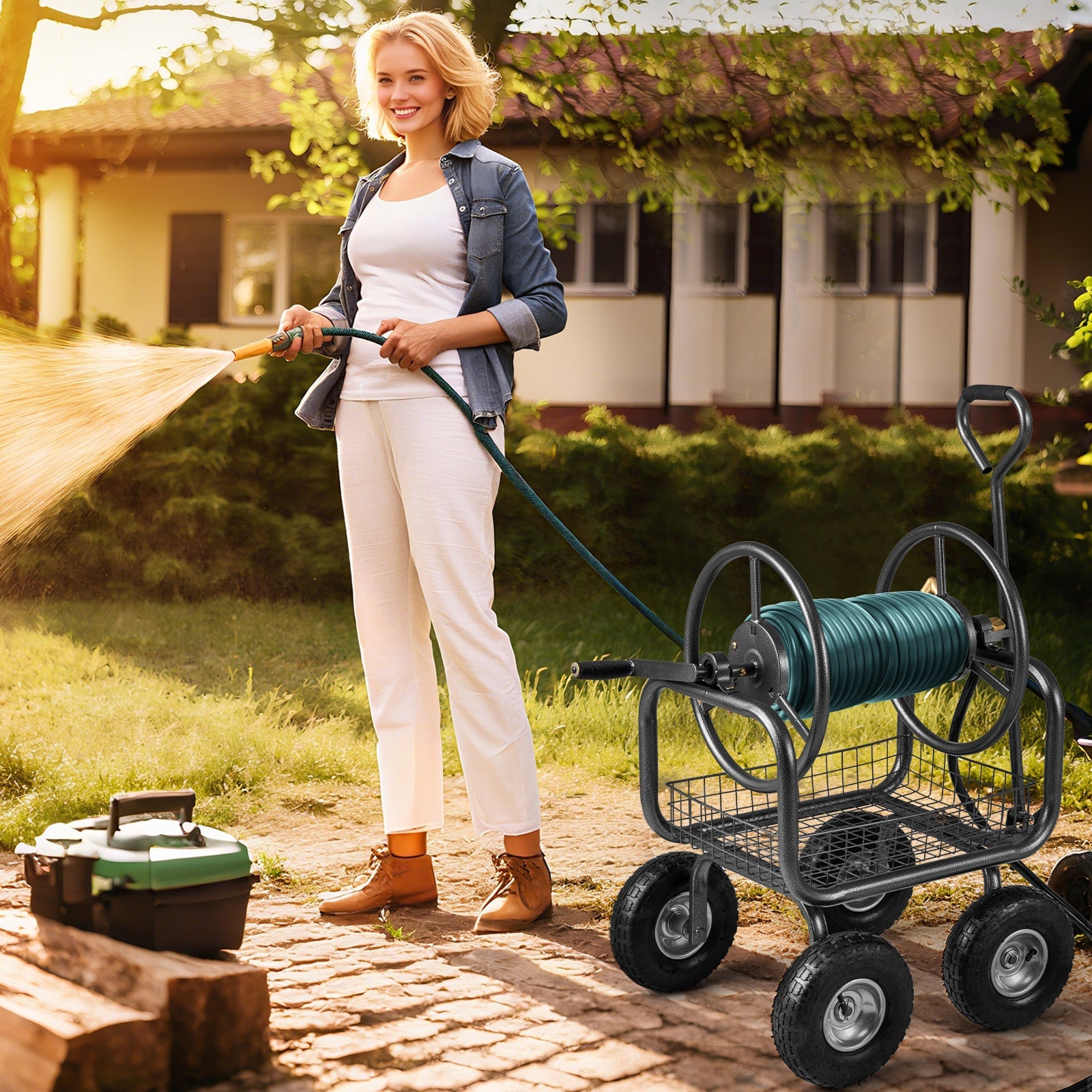 Garden Hose Reel Cart 300 Feet Large Capacity with 4 Wheels and Storage Basket-Gray