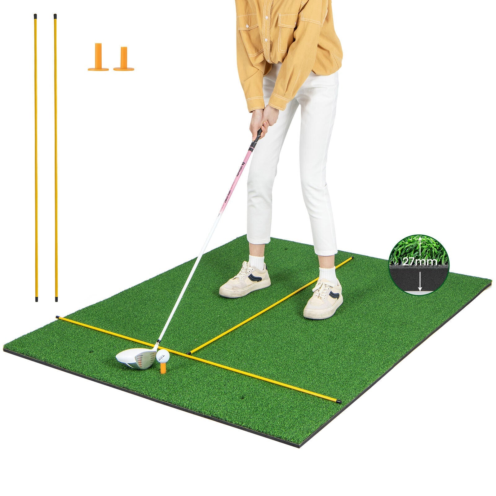 Artificial Turf Mat for Indoor and Outdoor Golf Practice Includes 2 Rubber Tees and 2 Alignment Sticks