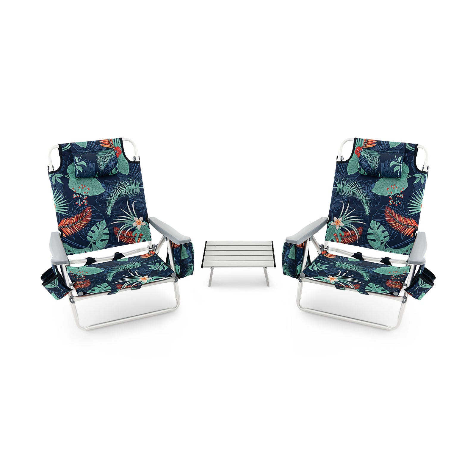2 Packs 5-Position Outdoor Folding Backpack Beach Table Chair Reclining Chair Set