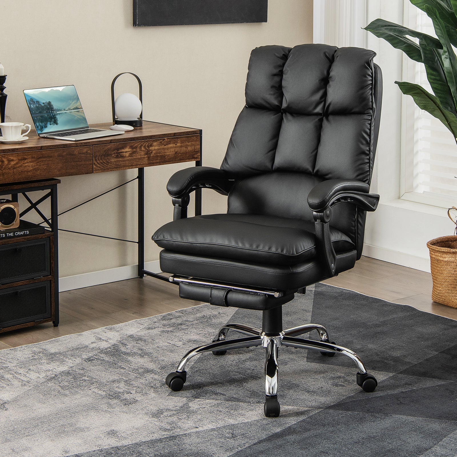 Ergonomic Adjustable Swivel Office Chair with Retractable Footrest-Black
