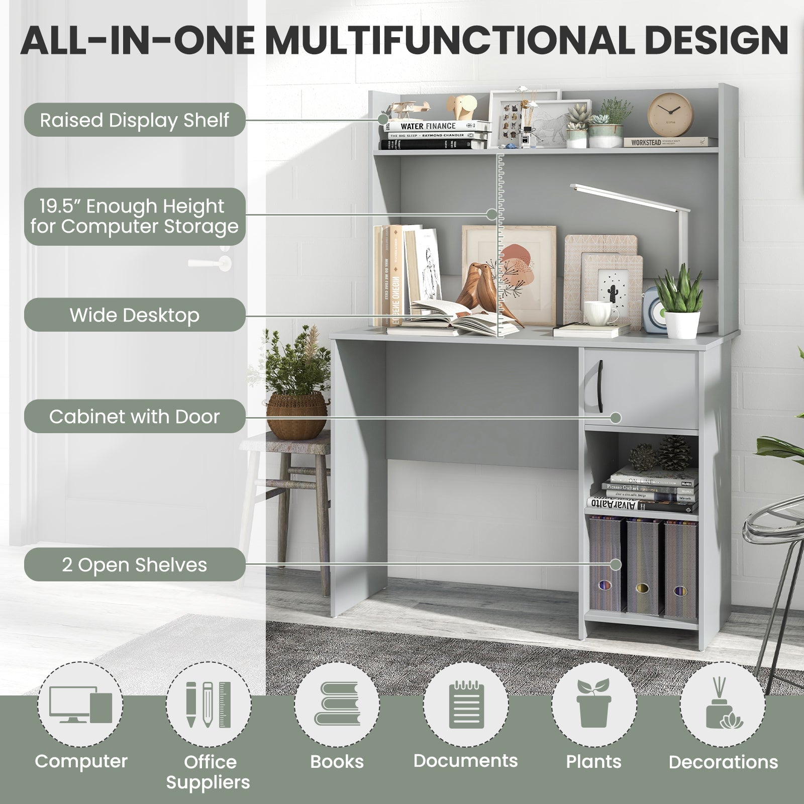 Home Office Desk with Raised Display Shelf and 2 Open Shelves