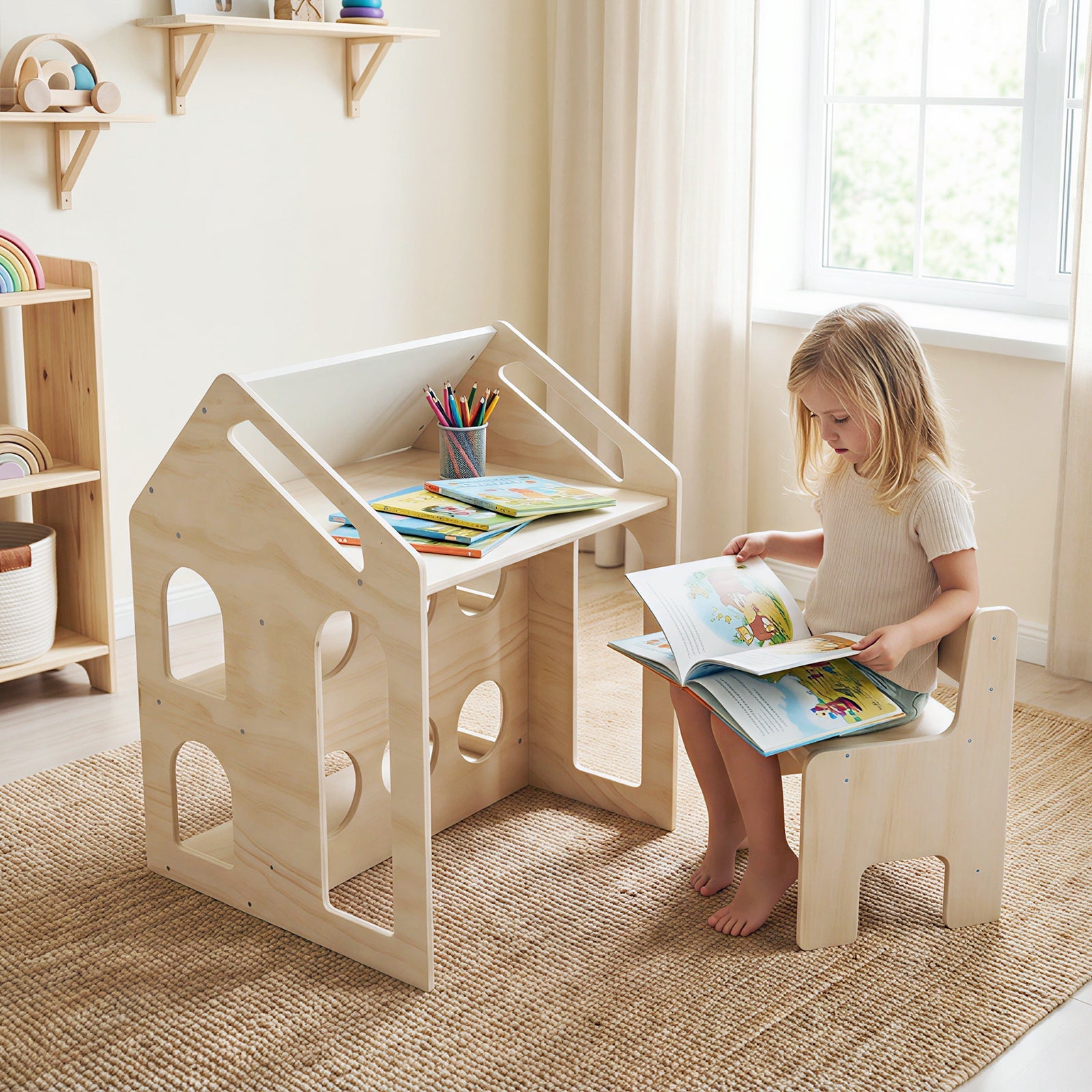 House-shaped Wooden Activity Kids Table Chair Set-Natural