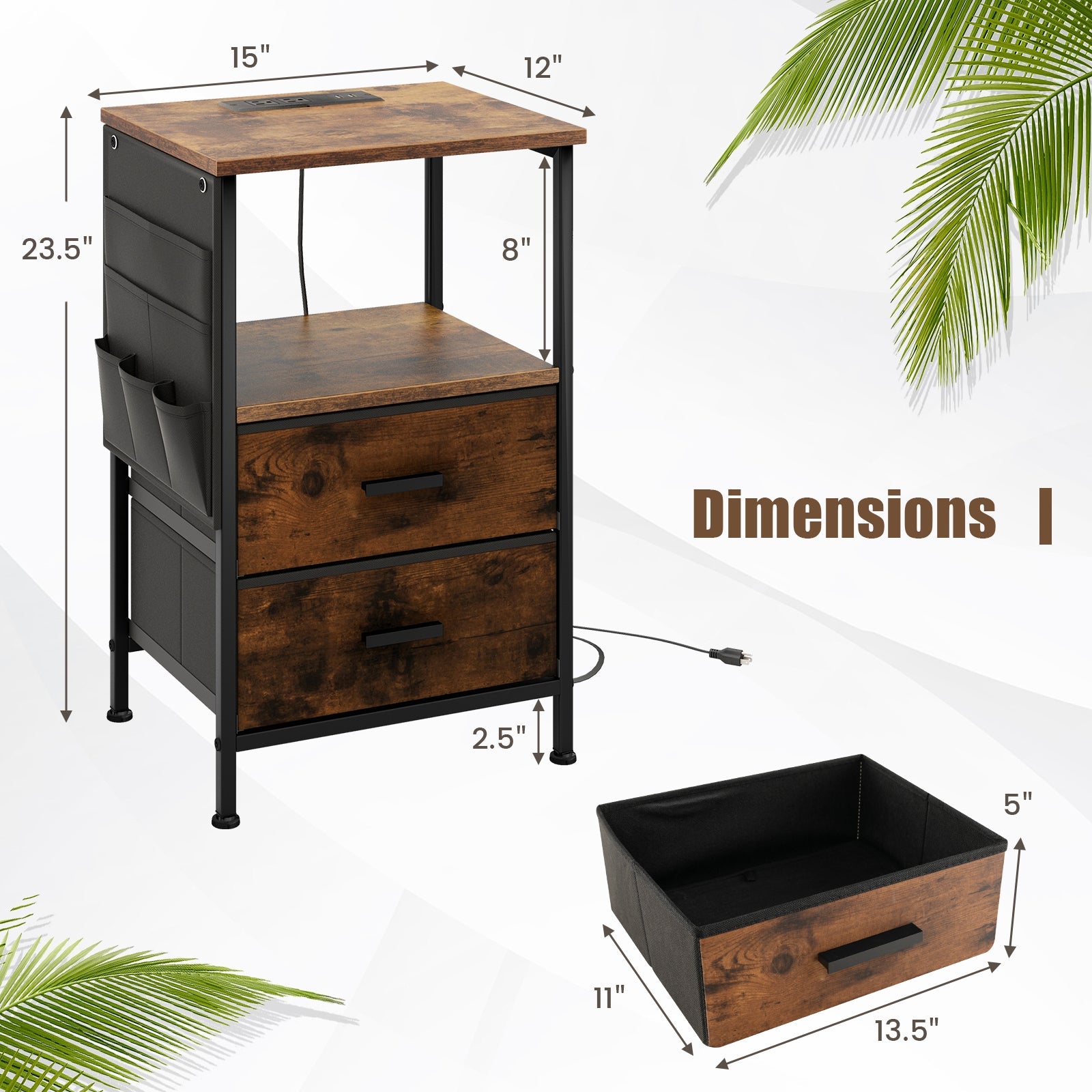 Industrial Bedside Table with USB Ports and AC Outlets for Bedroom Living Room