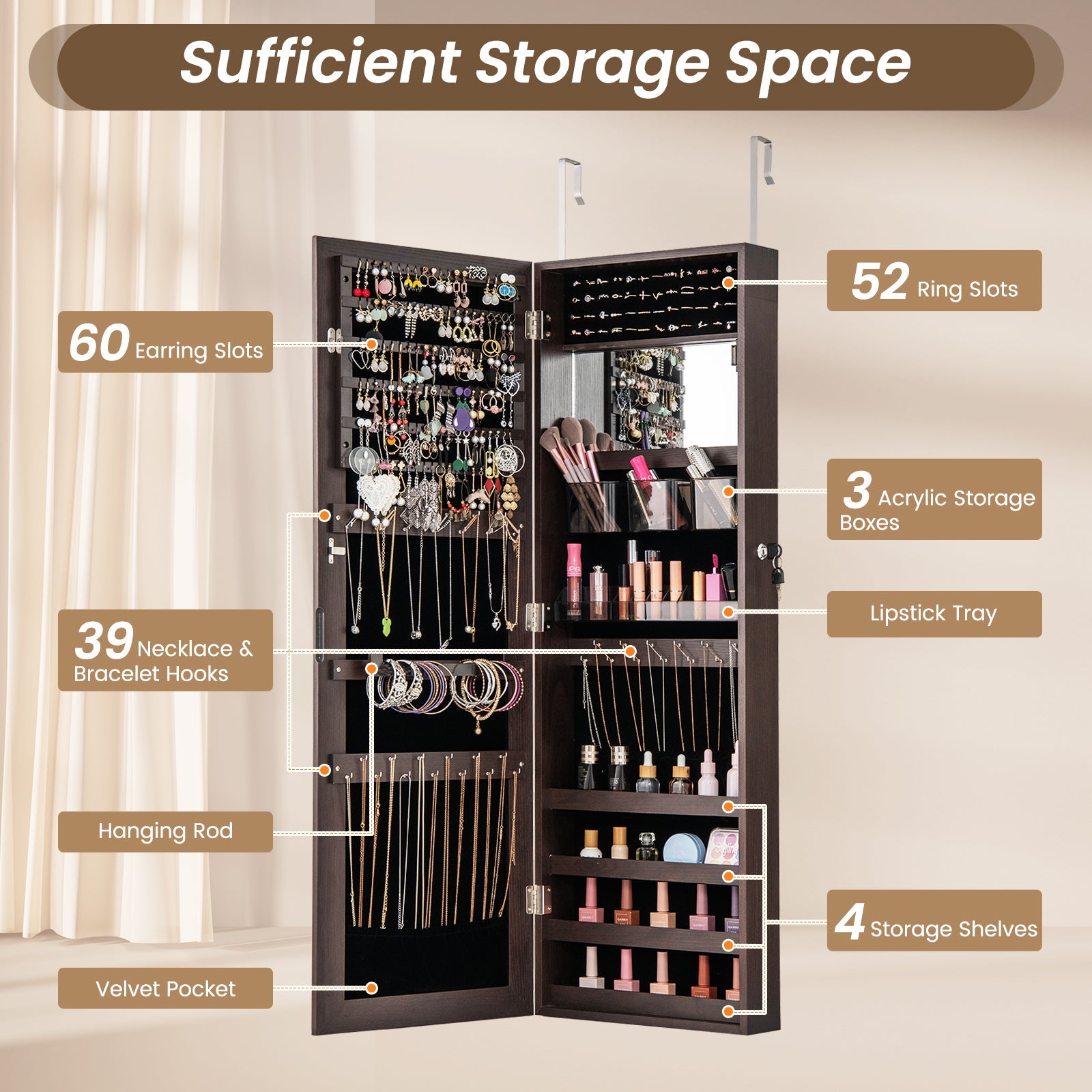 43.5 Inch Jewelry Mirror Cabinet with Full-length Mirror and Adjustable Hangers