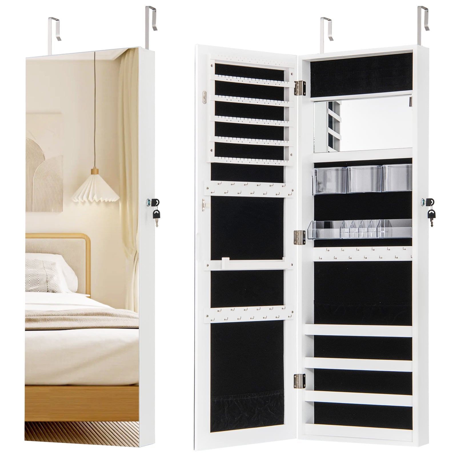 43.5 Inch Jewelry Mirror Cabinet with Full-length Mirror and Adjustable Hangers