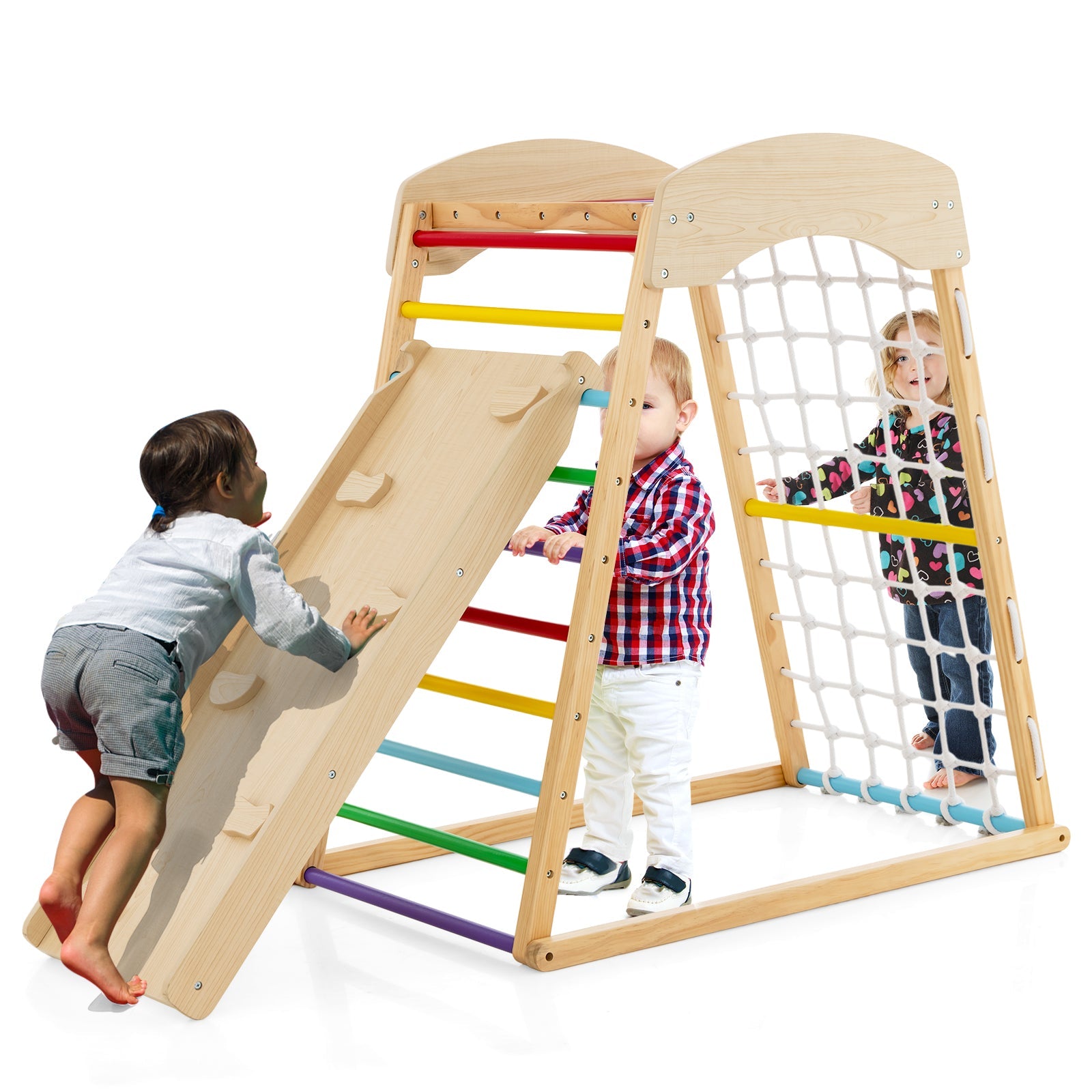 6-in-1 Jungle Gym Wooden Indoor Playground with Double-Sided Ramp and Monkey Bars