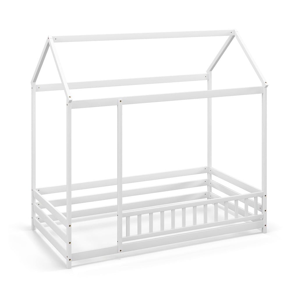 Twin Size Kids House Bed Wooden Floor Bed with Roof and Full-length Safety Guardrail