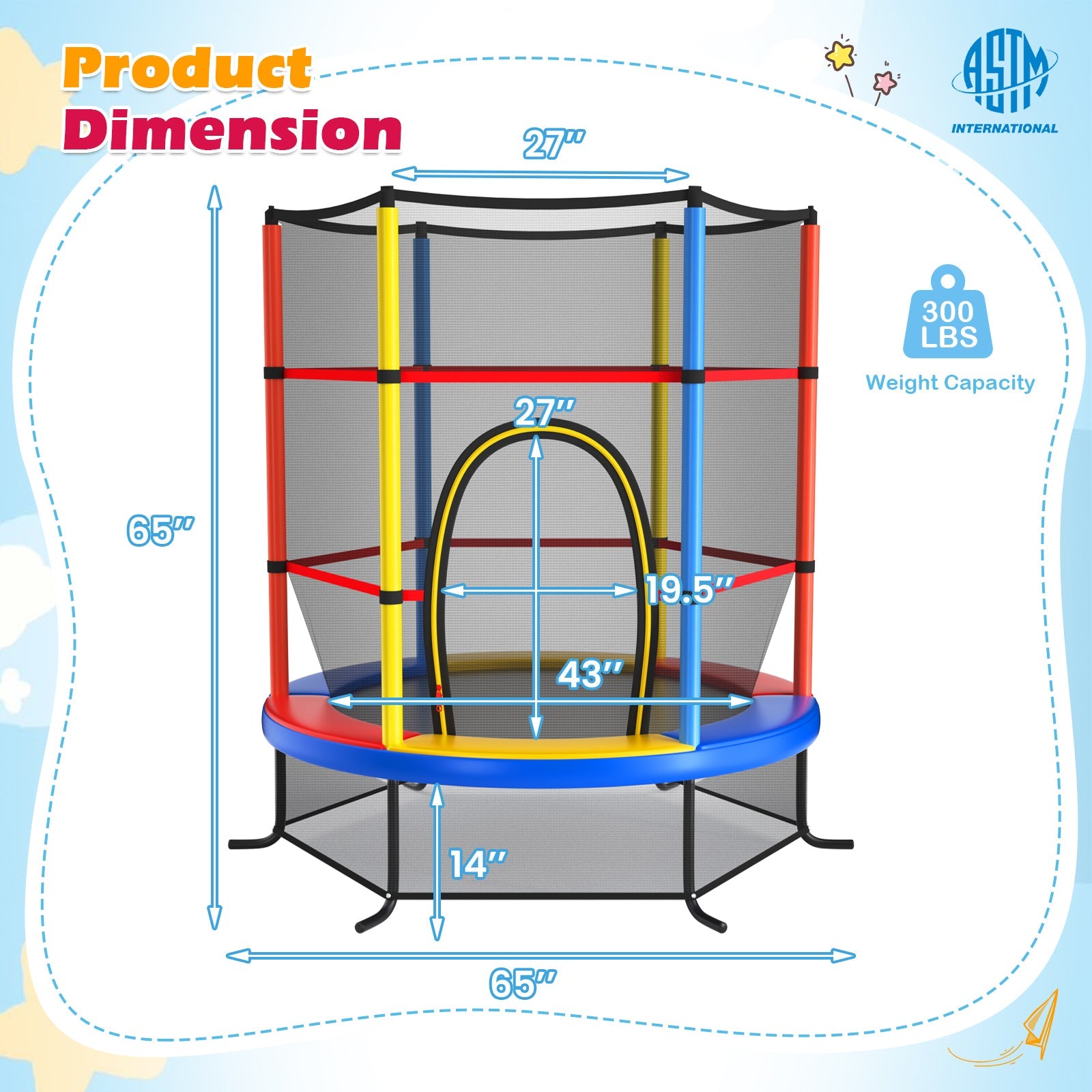 55 Inch Kids Recreational Trampoline Bouncing Jumping Mat with Enclosure Net