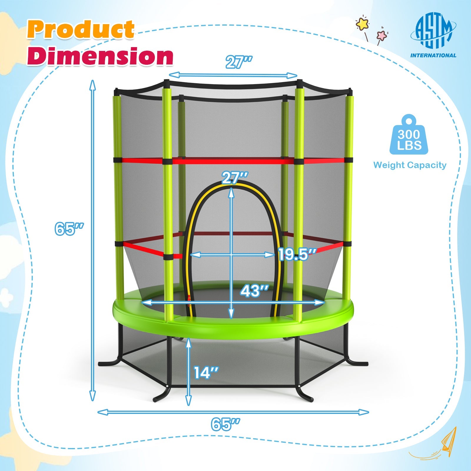 55 Inch Kids Recreational Trampoline Bouncing Jumping Mat with Enclosure Net