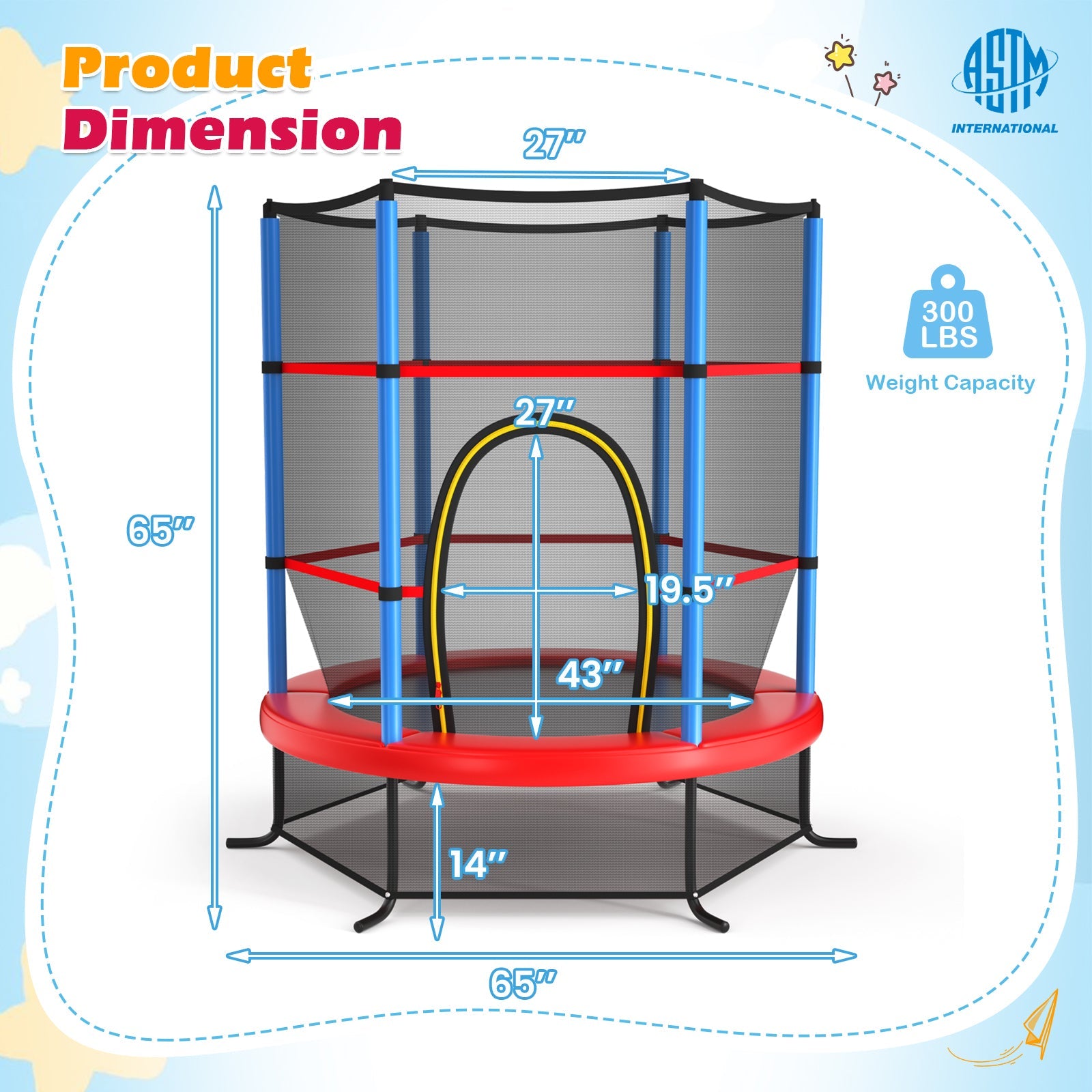55 Inch Kids Recreational Trampoline Bouncing Jumping Mat with Enclosure Net