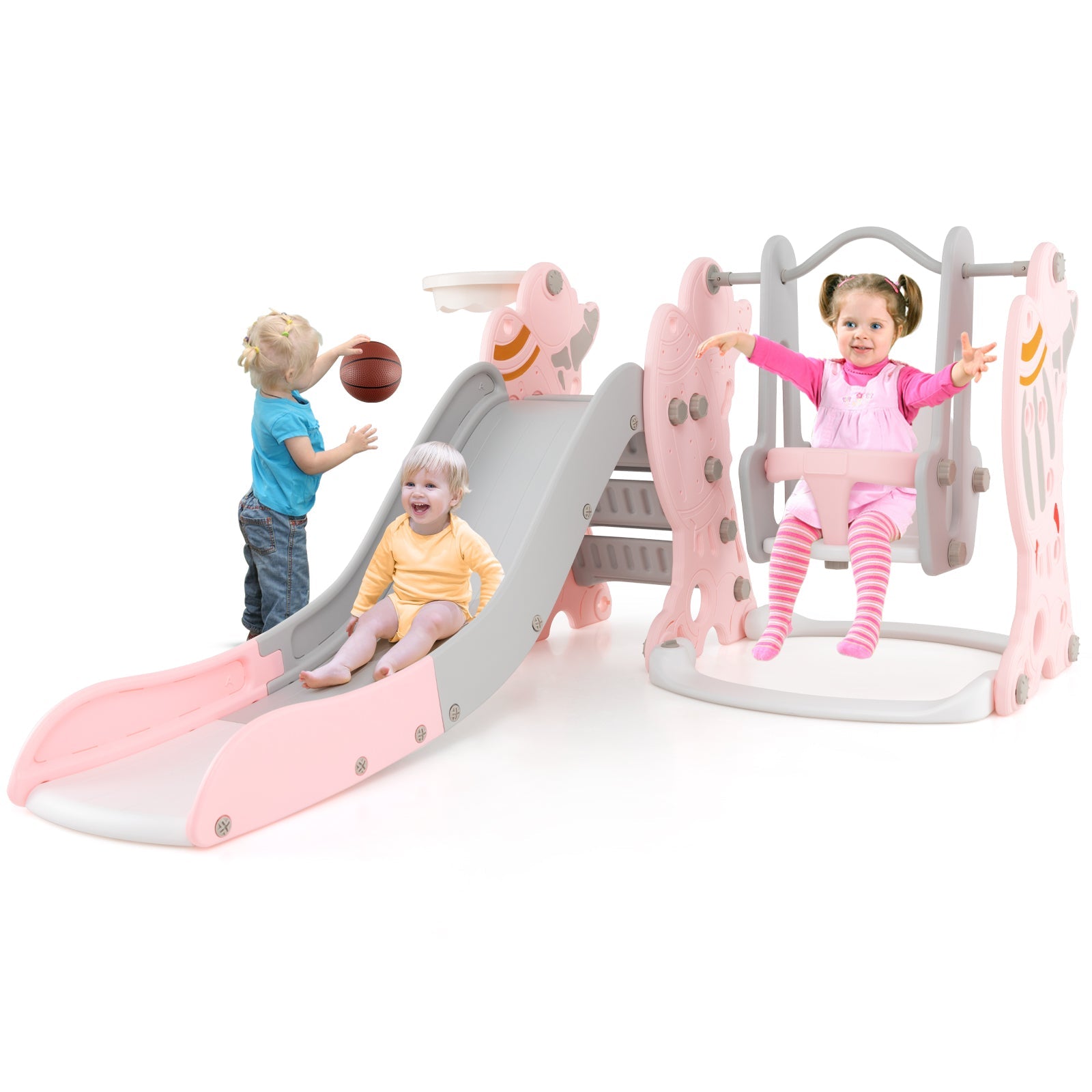 4-in-1 Kids Slide and Swing Set with Basketball Hoop