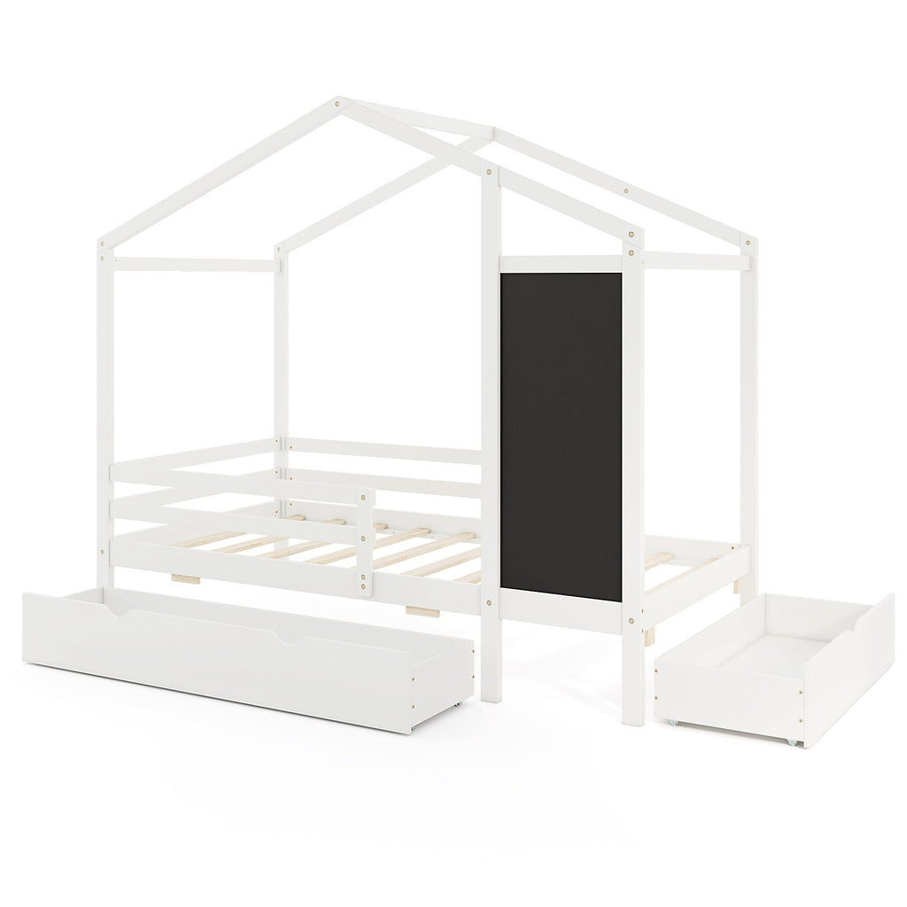 Kids Twin Size Bed with 2 Drawers Solid Wood Bed with Blackboard