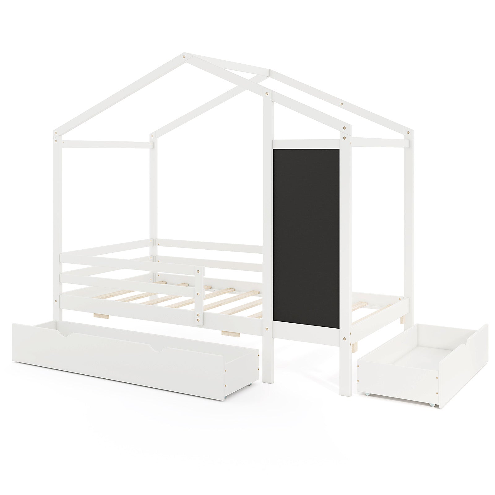 Kids Twin Size Bed with 2 Drawers Solid Wood Bed with Blackboard