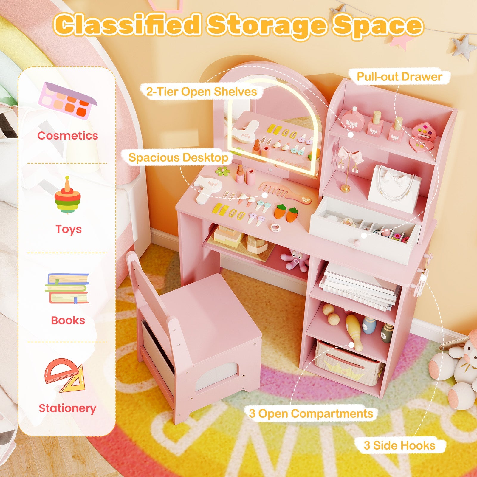 Kids Vanity Set Princess Girls Makeup Vanity Desk with Chair and 3-Color LED Lighted Mirror