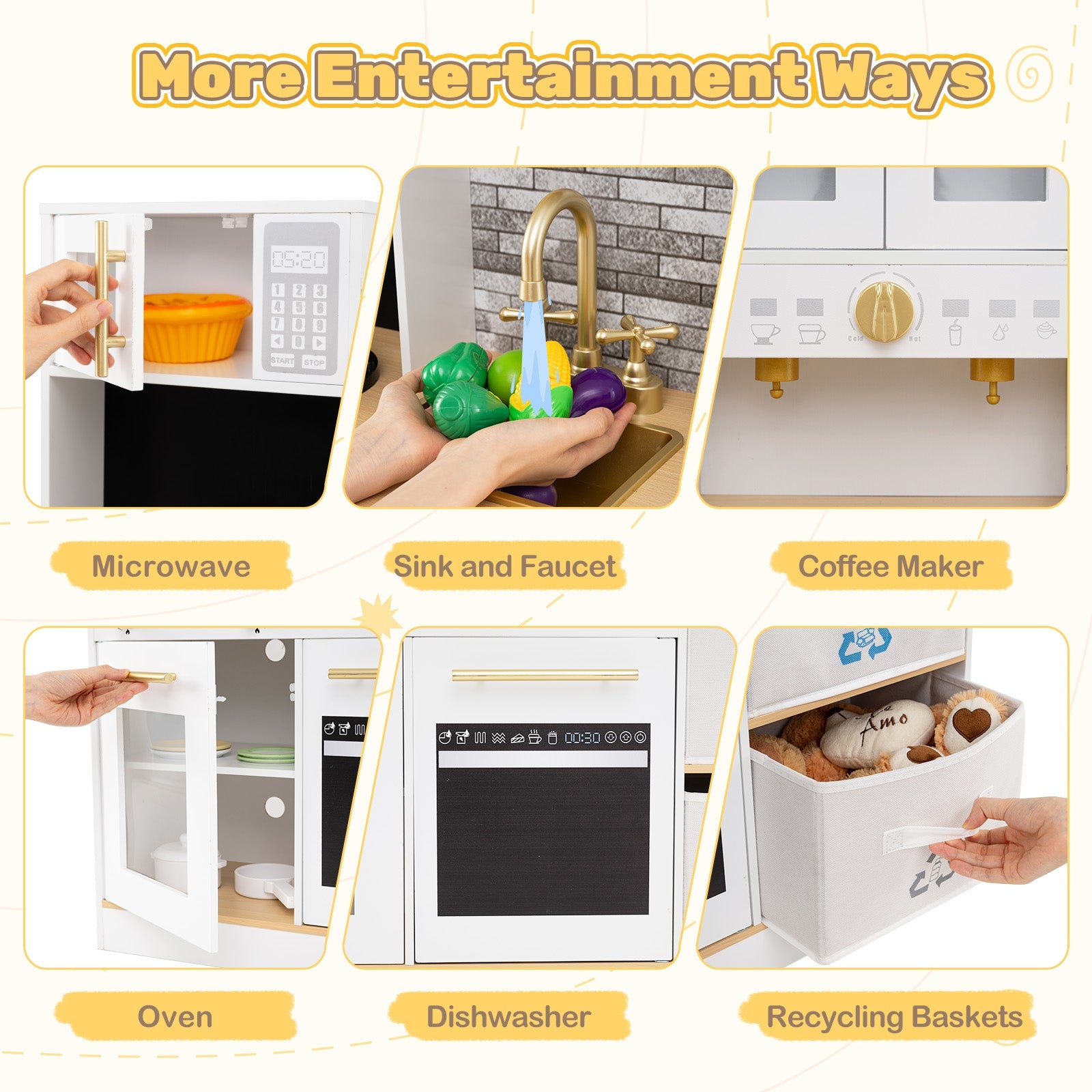 Kids Wooden Kitchen Playset with Stoves Sound Light for 3+ Years Old-White