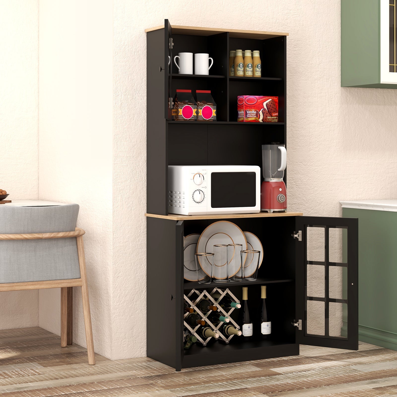 72 Inch Freestanding Pantry Cabinet with Hutch and Adjustable Shelf