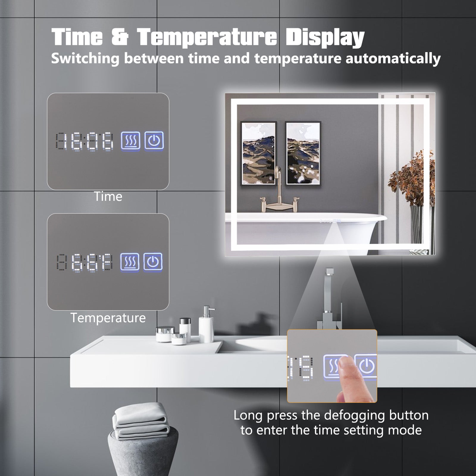 LED Bathroom Mirror Wall Mounted Rectangle Mirror with 3-Color Dimmable Lights