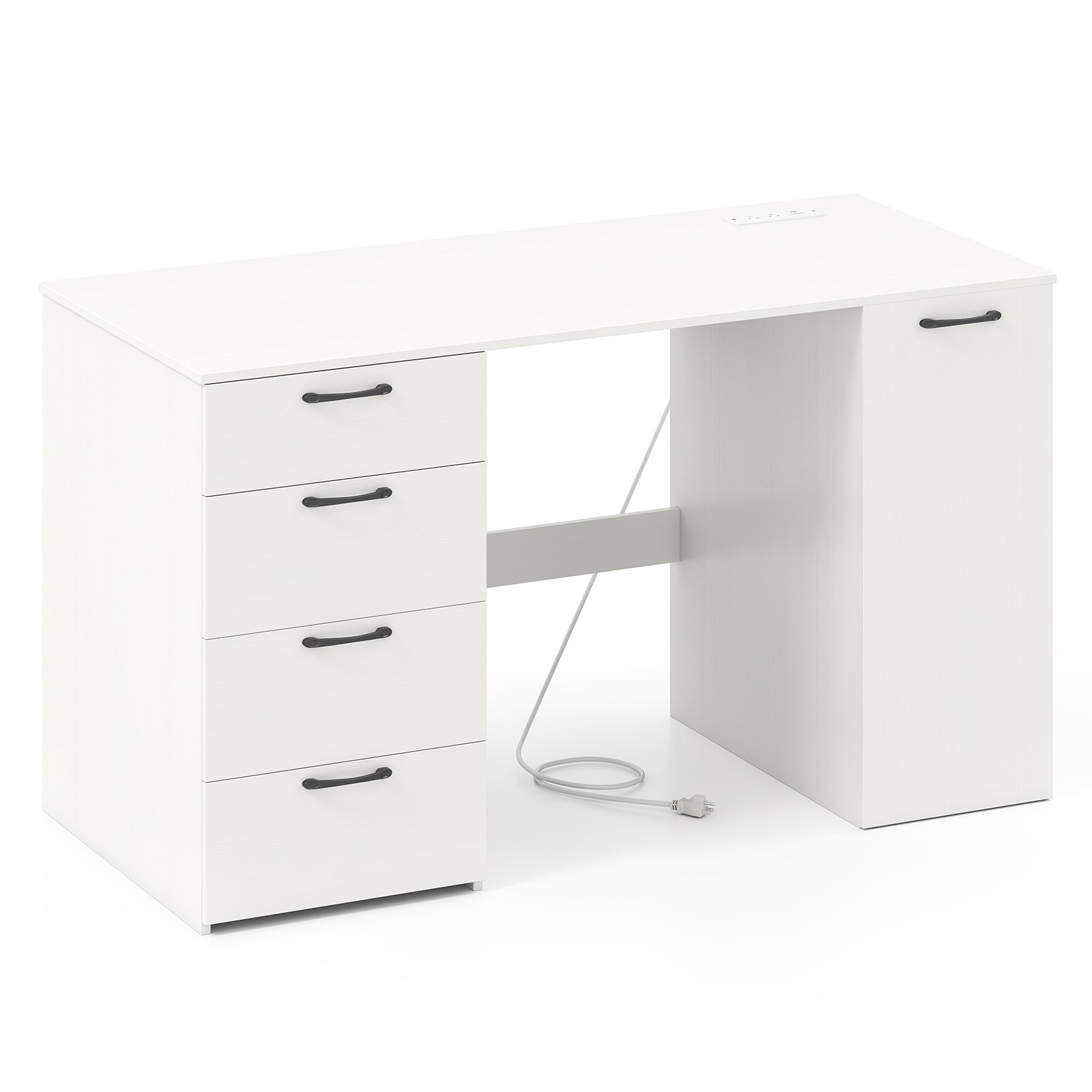 53 Inches Computer Desk with Power Outlets and 4 Storage Drawers