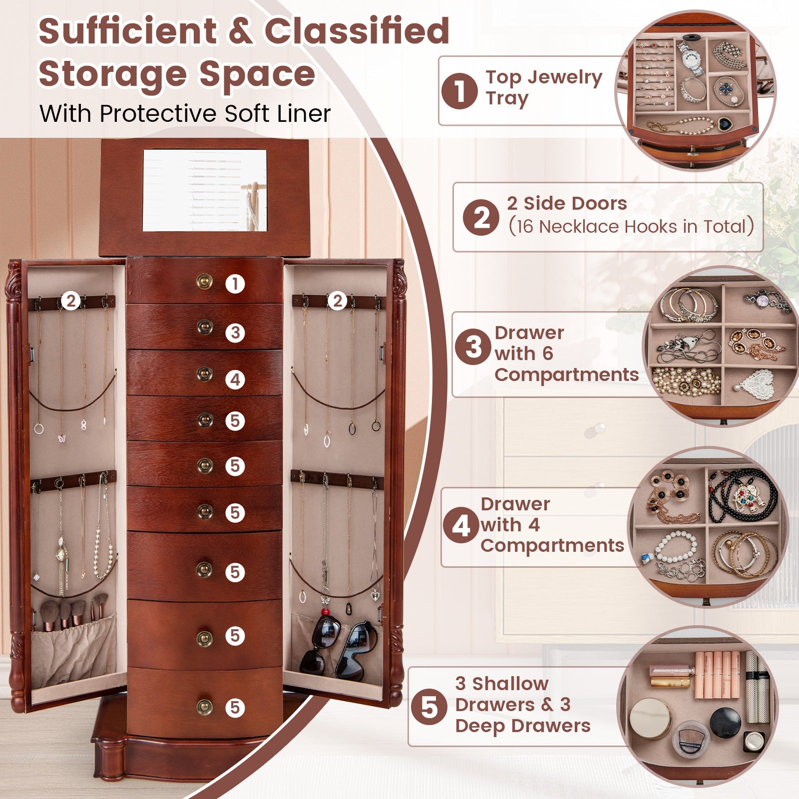 Large Wooden Jewelry Storage Box Organizer