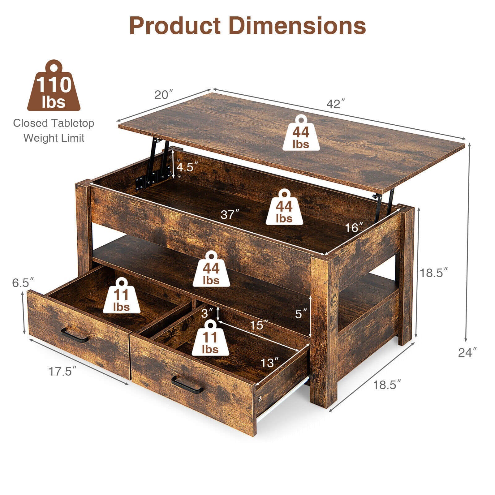 Lift Top Coffee Table with 2 Storage Drawers and Hidden Compartment-Rustic Brown
