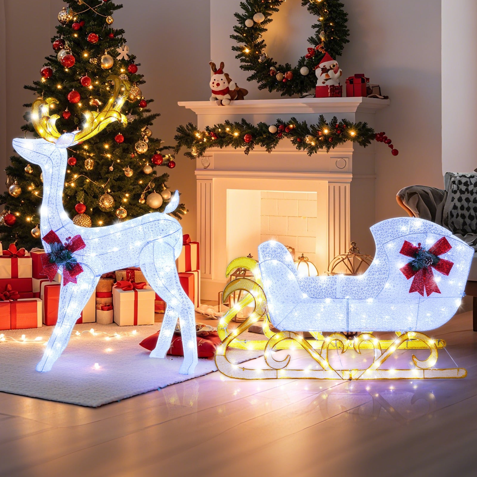 6 Feet Christmas Lighted Reindeer and Santa's Sleigh Decoration with 4 Stakes