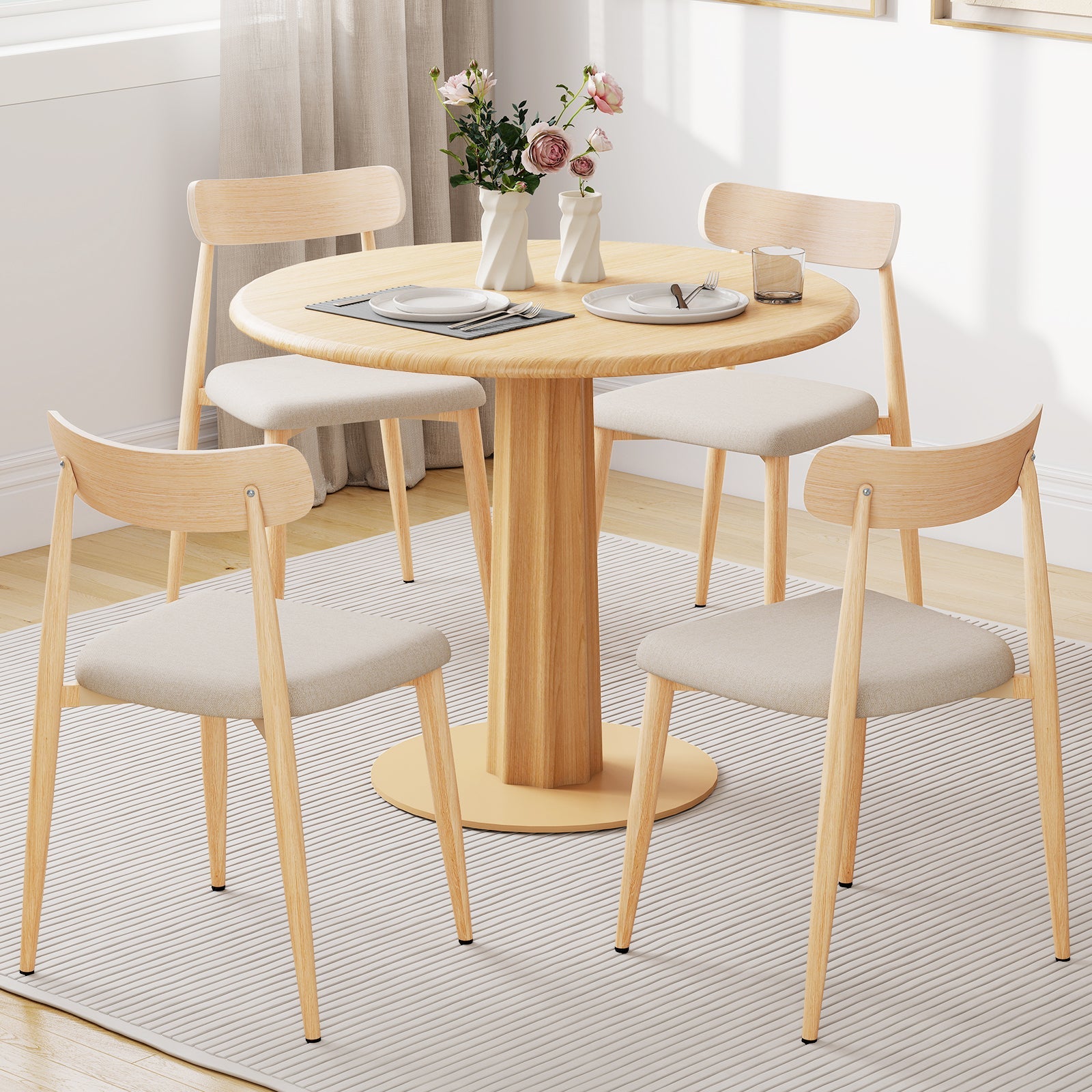 Linen Fabric Upholstered Modern Dining Chair Set of 4 with Padded Seat and Curved Back-Oak