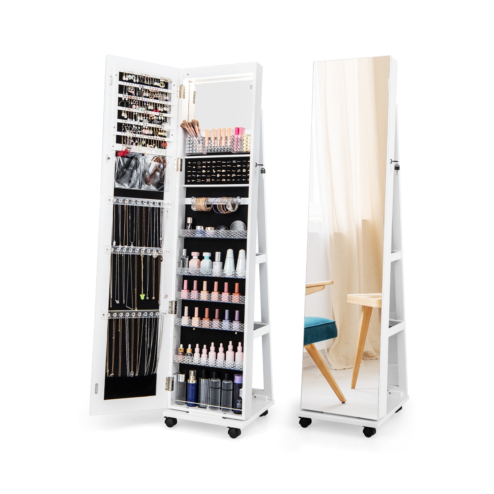64 Inches Lockable Jewelry Cabinet Armoire with Built-in Makeup Mirror