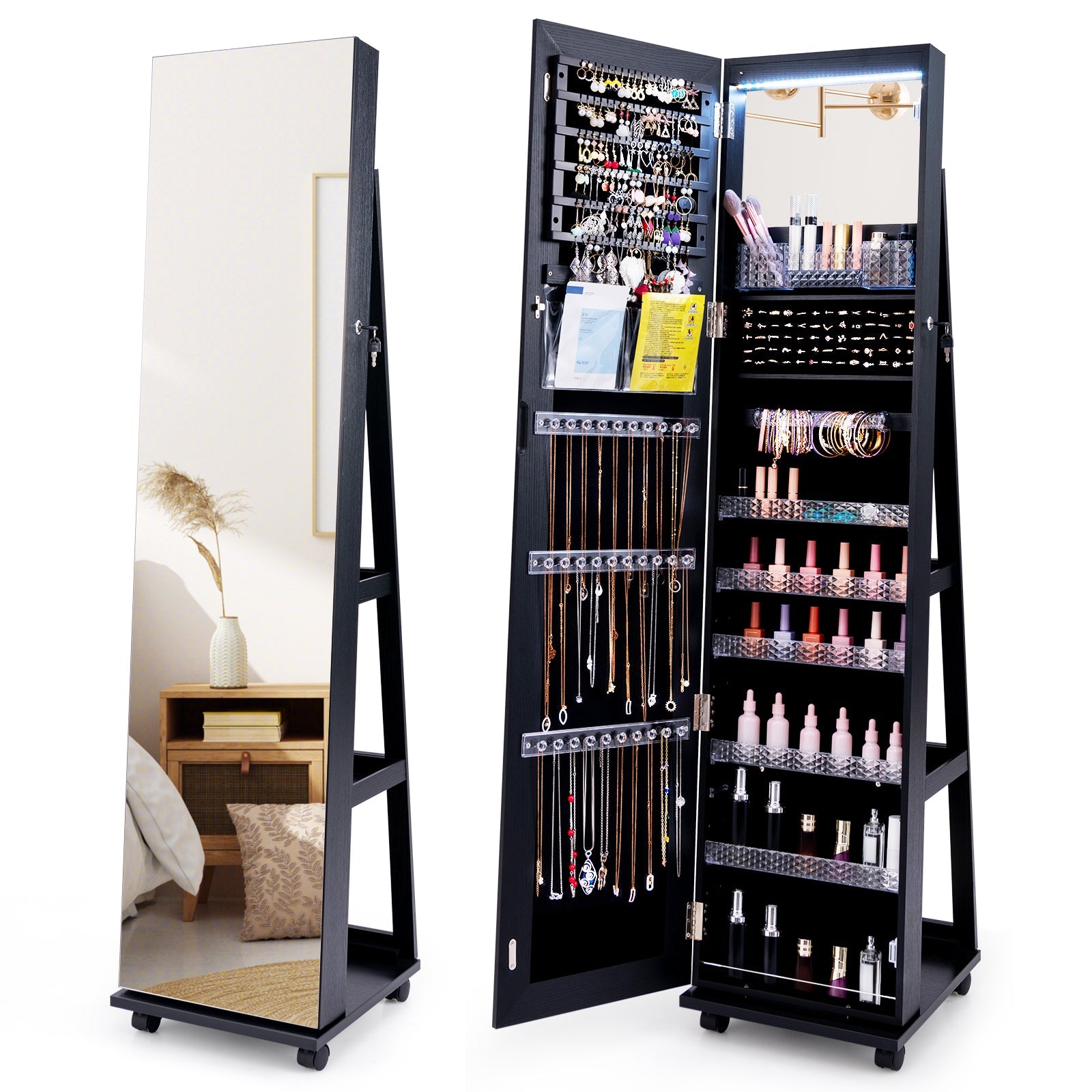 64 Inches Lockable Jewelry Cabinet Armoire with Built-in Makeup Mirror