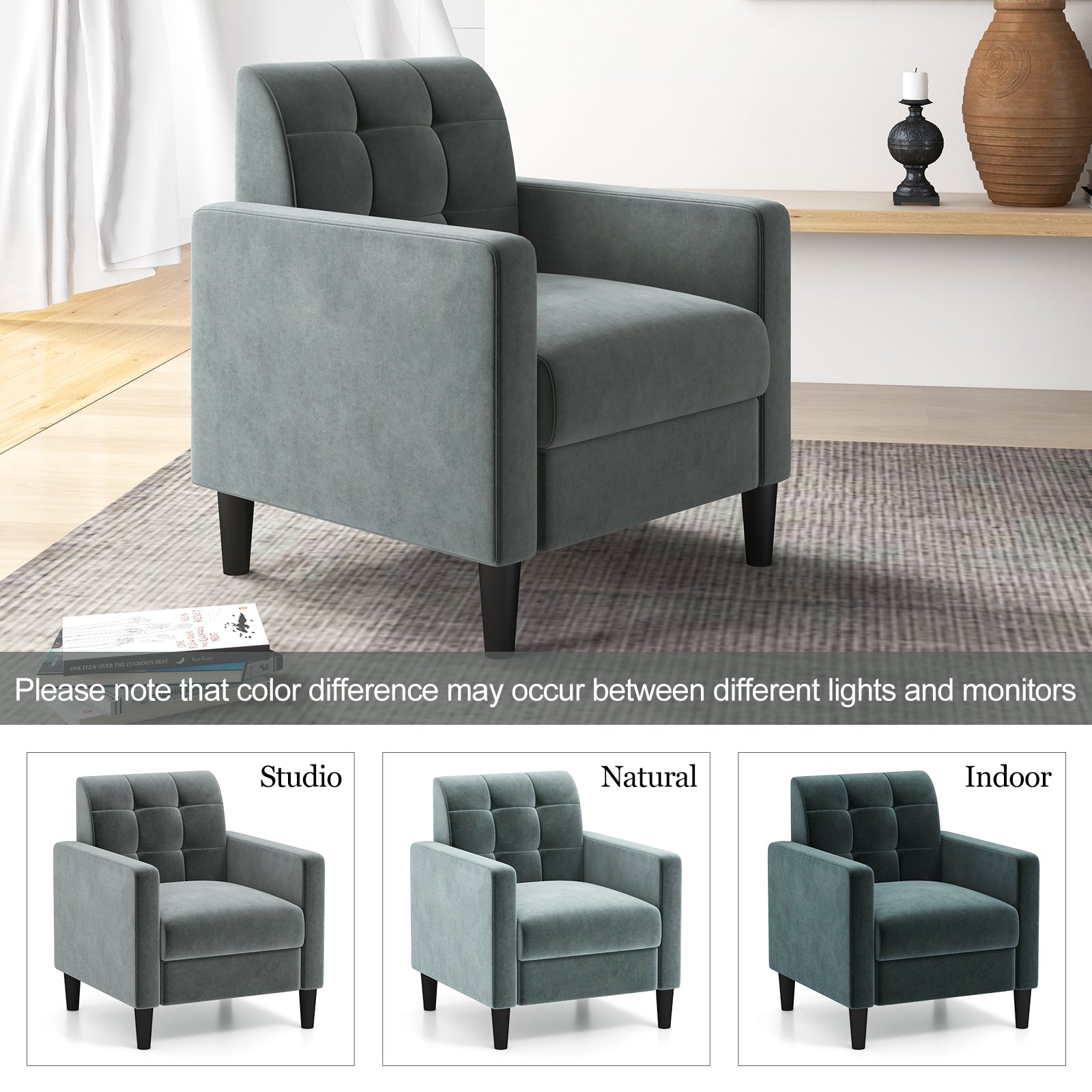 Mid Century Modern Velvet Accent Chair with Tufted Back-Grey