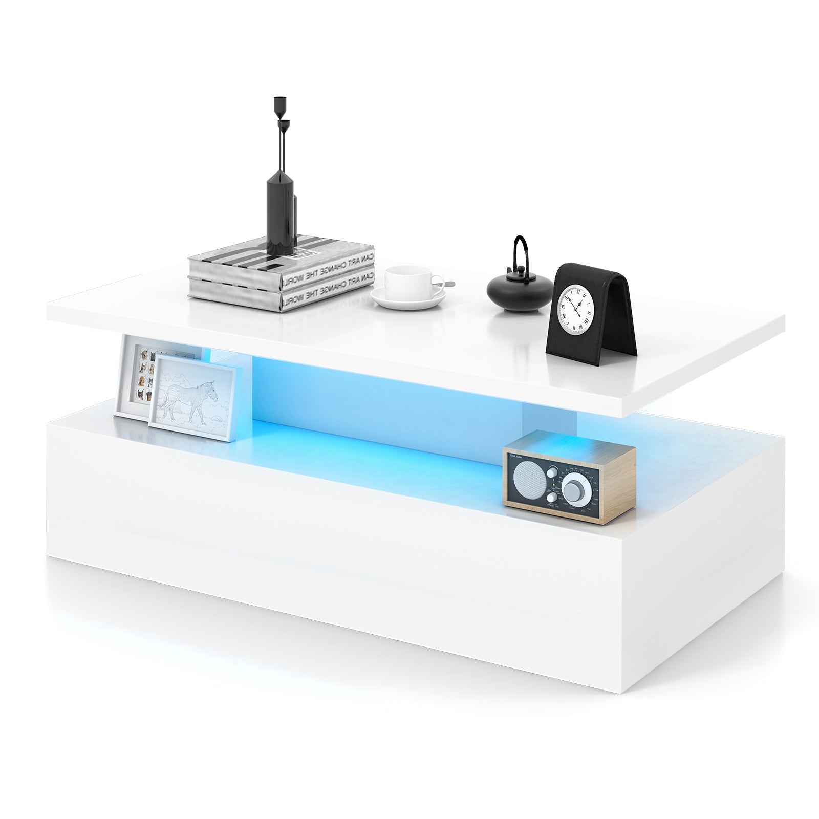 Modern 2-tier High Glossy Table with Adjustable Light Colors for Living Room