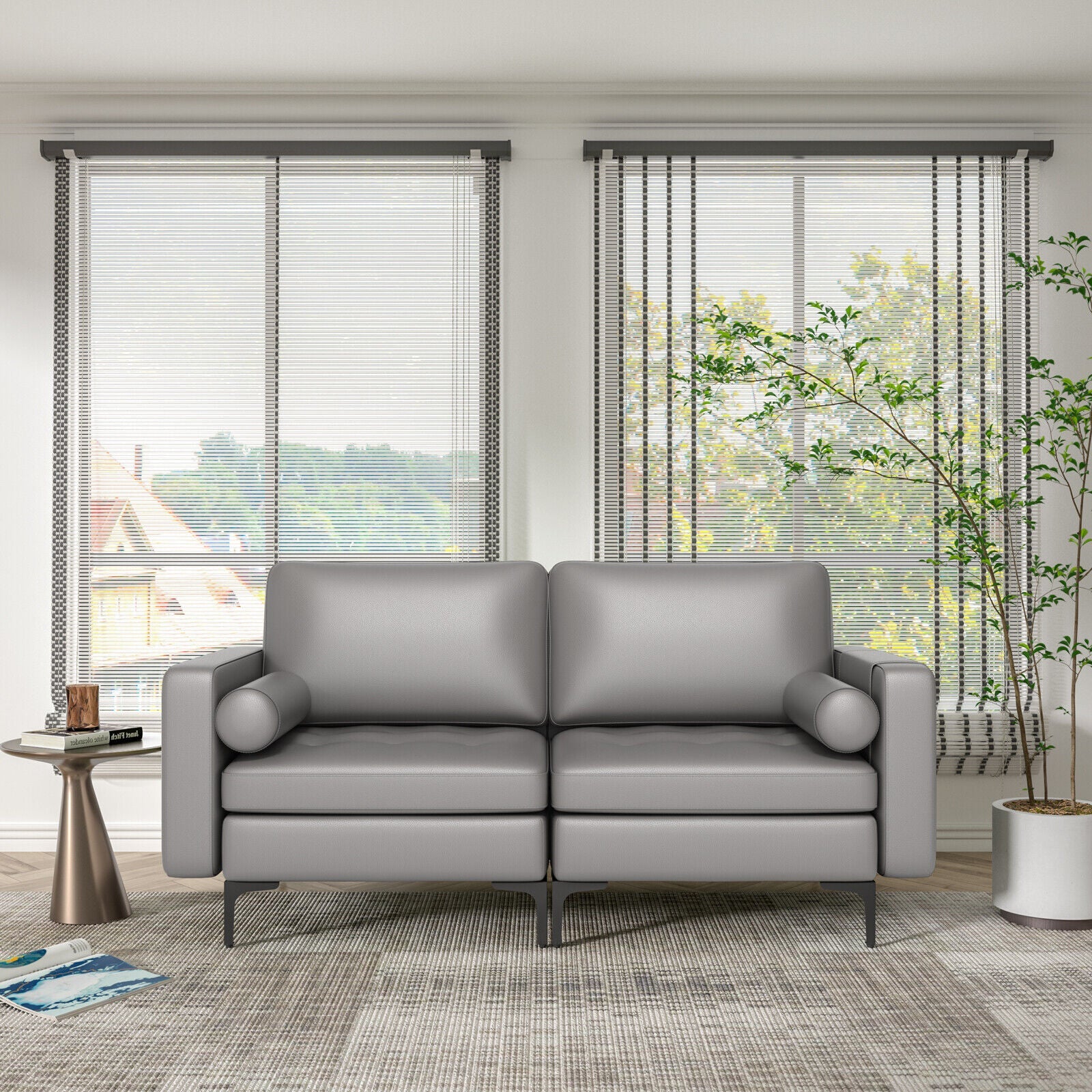 Modern Loveseat Sofa with 2 Bolsters and Side Storage Pocket