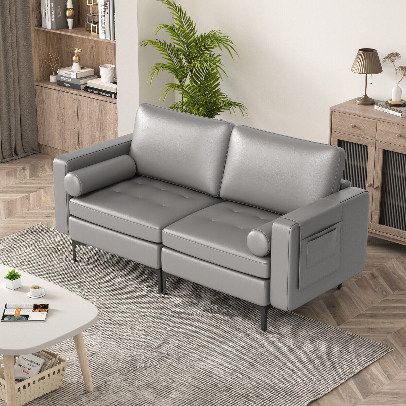 Modern Loveseat Sofa with 2 Bolsters and Side Storage Pocket