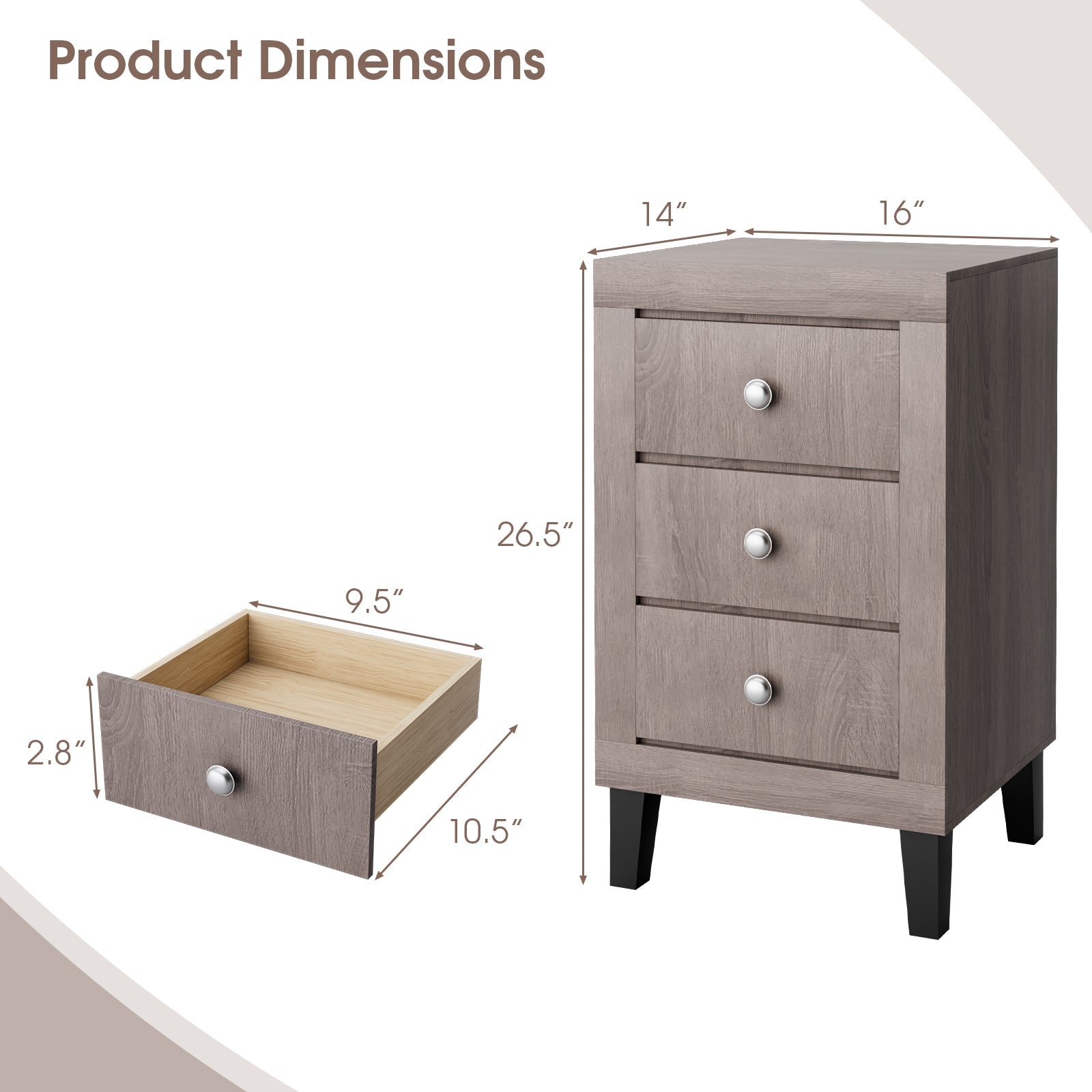 Modern Nightstand with 3 Drawers for Bedroom Living Room