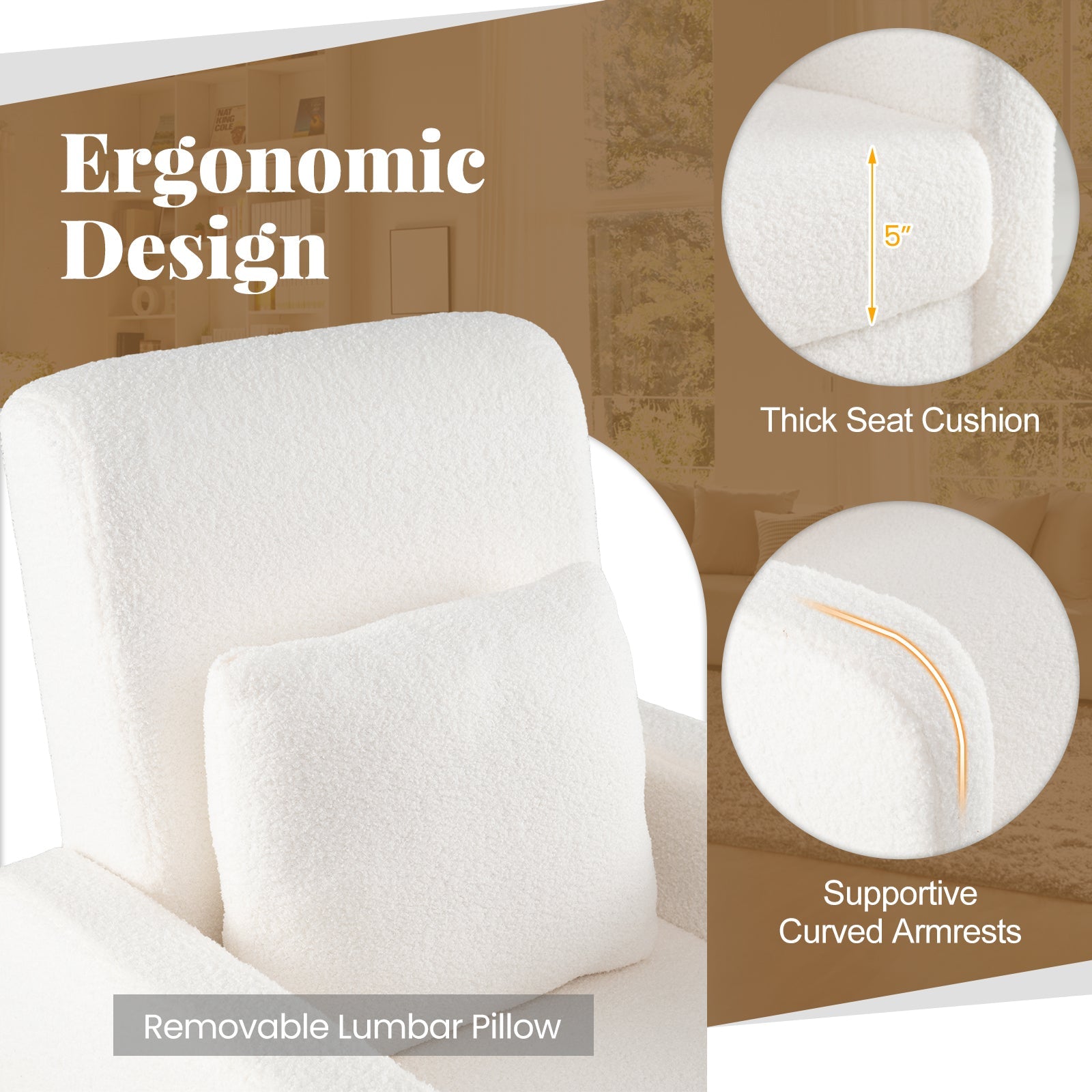 Modern Upholstered Sofa chair with Lumbar Pillow and Teddy Fleece Cover-White
