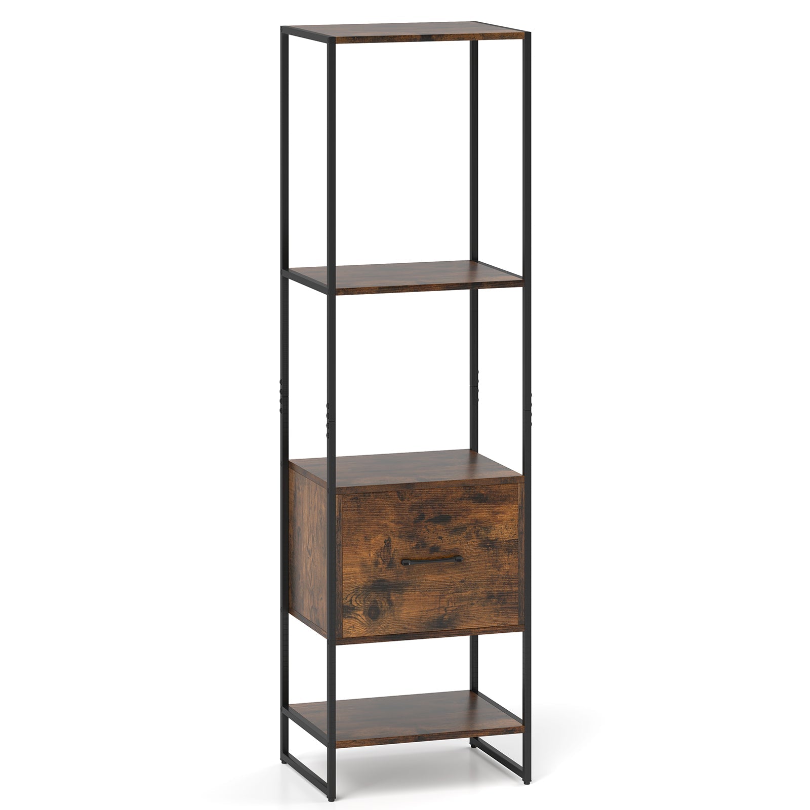 5-Tier Narrow Bookcase with 4 Open Shelves and Storage Drawer