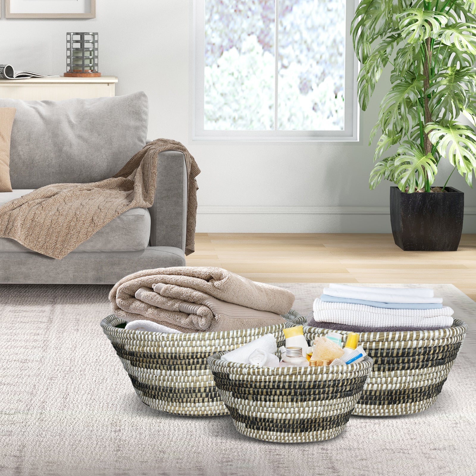 Natural Canes Grass Baskets Stackable Storage Bins Set of 3 with Hollowed Handles