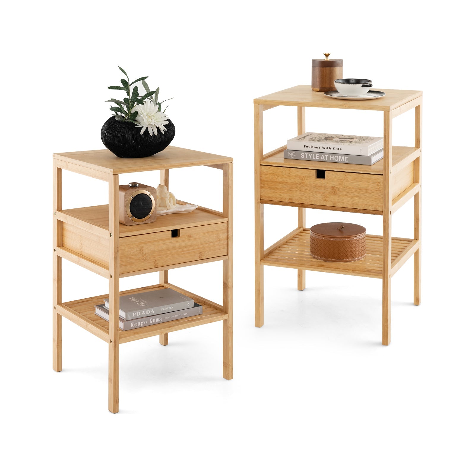 Bamboo Nightstand with Storage Drawer and Slatted Shelf