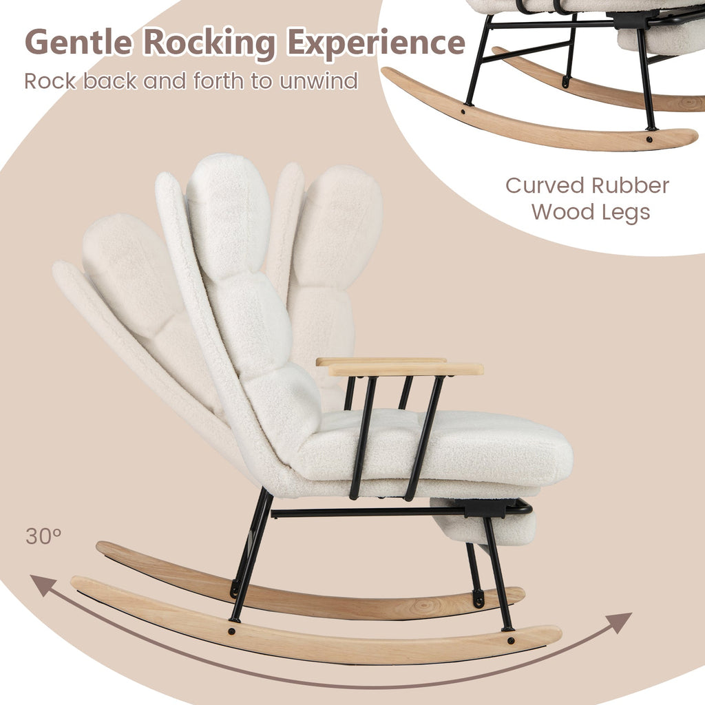Nursery Rocking Chair Teddy Velvet Upholstered Rocking Chair-White