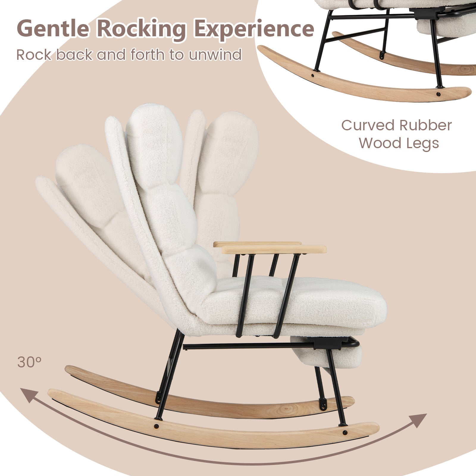 Nursery Rocking Chair Teddy Velvet Upholstered Rocking Chair-White