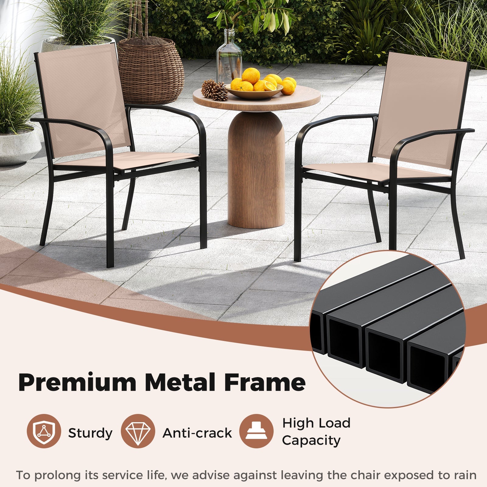 Outdoor Dining Chairs Set of 2 with High Back and Metal Frame-Light Brown