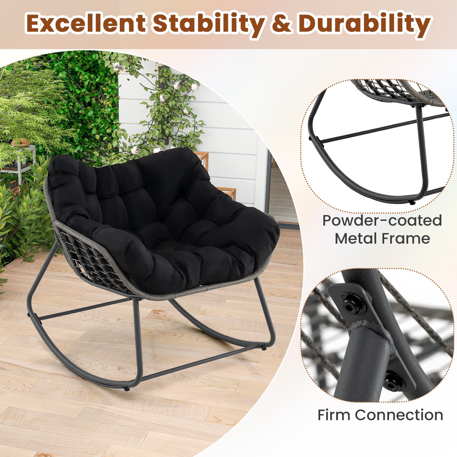 Outdoor Rocking Chair Oversized Patio PE Wicker Egg Chair with Cushion