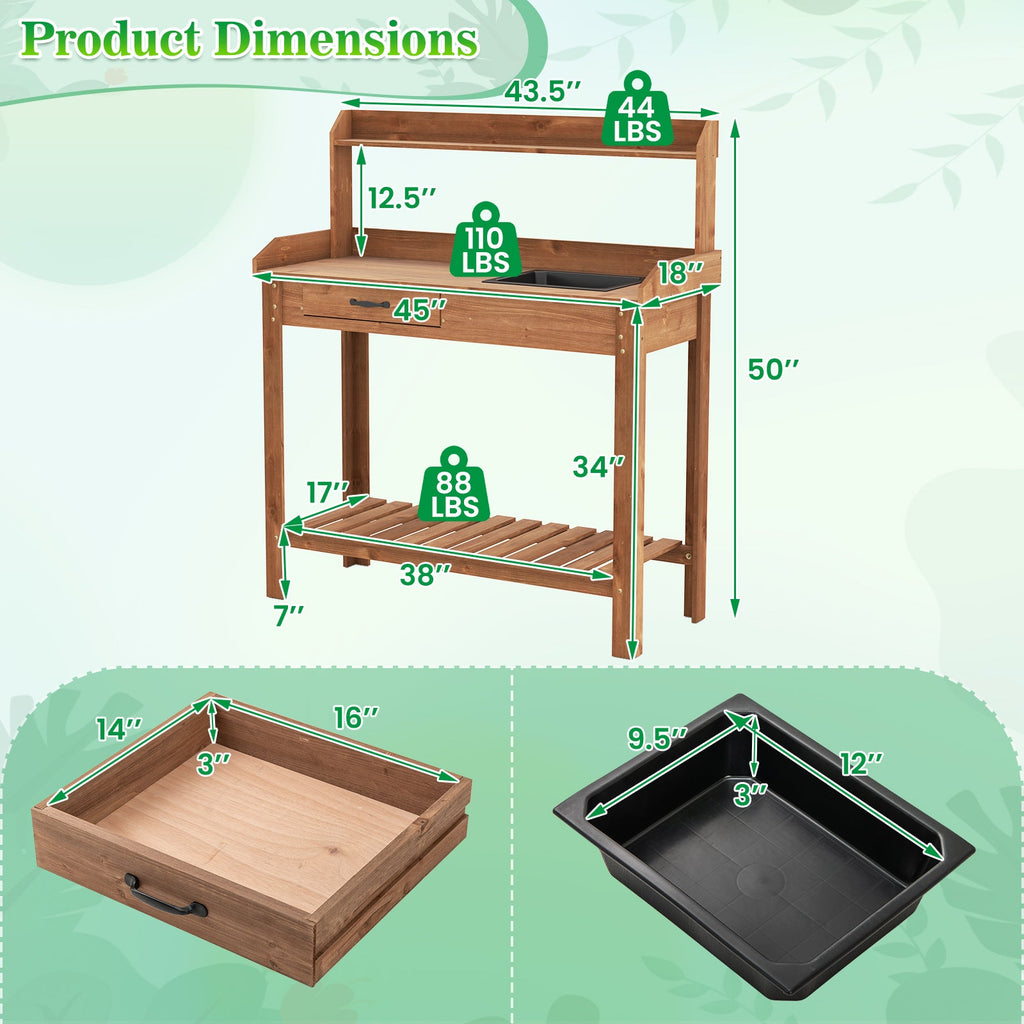 Outdoor Wooden Garden Table Work Station with Storage Shelves and Drawer-Coffee