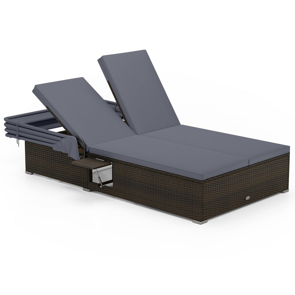 Patio Double Chaise Lounge with Shade Cushions and Folding Side Trays