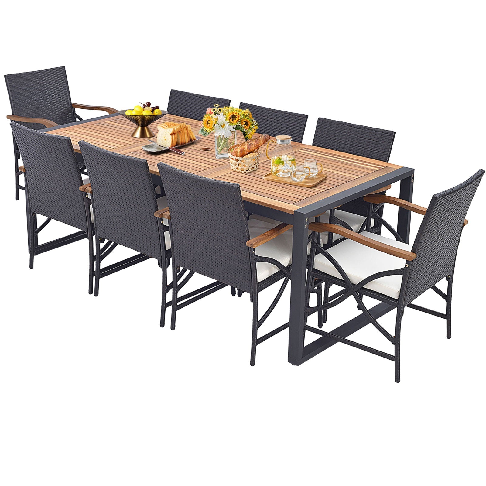9 Pieces Patio Rattan Dining Set with Acacia Wood Table for Backyard Garden