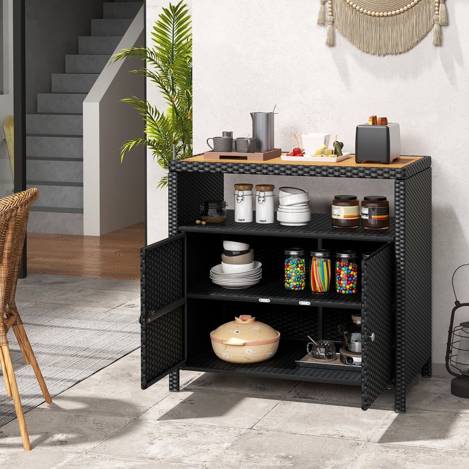 Rattan Storage Cabinet with Acacia Wood Countertop for Poolside Deck and Patio