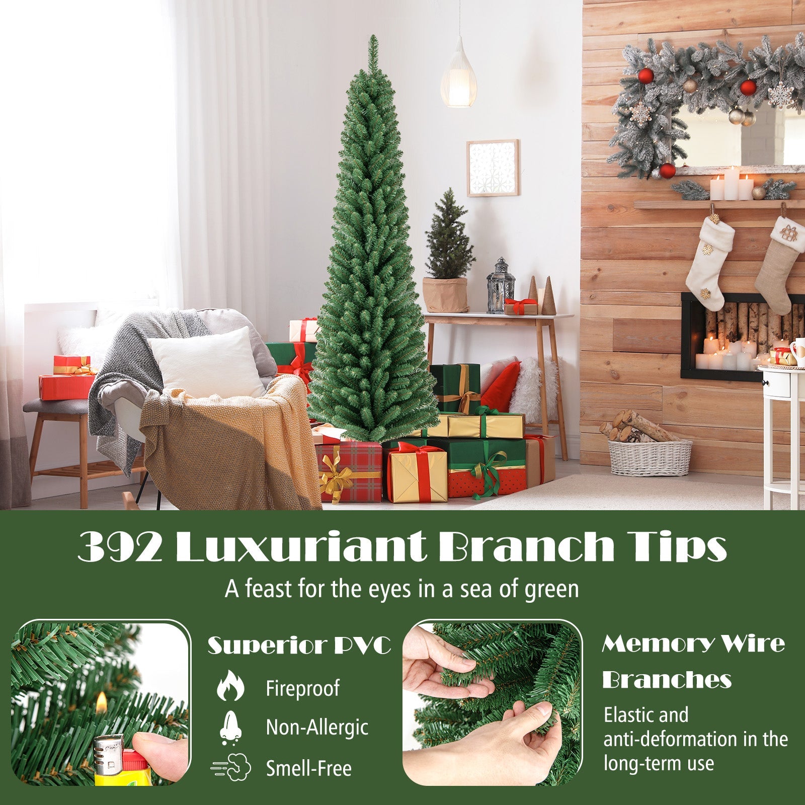 Pencil Christmas Tree with Memory Wire Branch Tips and Warm LED Lights