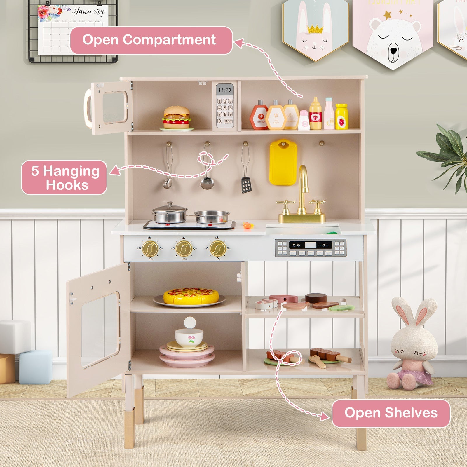 Play Kitchen Height Adjustable with Microwave and Lights and Sounds-Pink